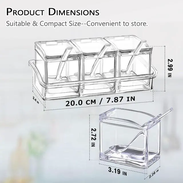 Alt view image 3 of 7 - Clear Seasoning Box, 3 Pieces Seasoning Rack Spice Pots Storage Container for Spice Salt Sugar Cruet Liquid,Condiment Jars with 3 Spoons