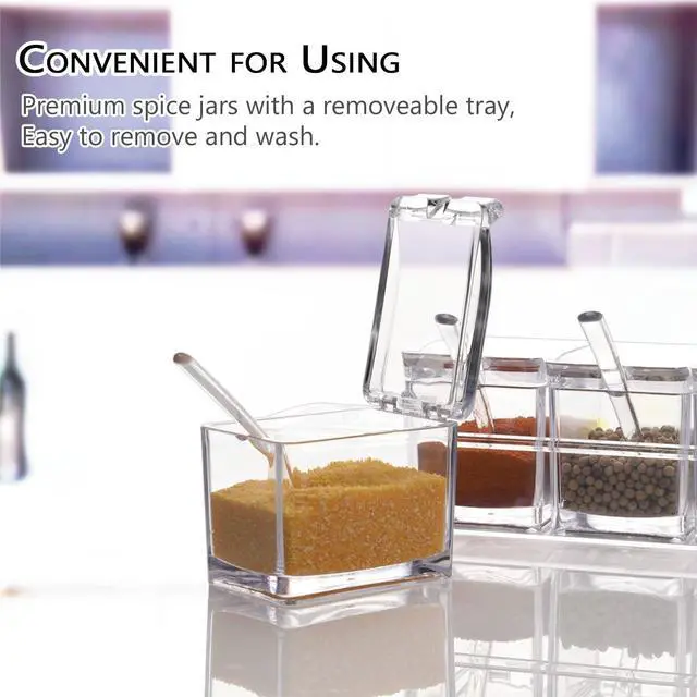 Alt view image 5 of 7 - Clear Seasoning Box, 3 Pieces Seasoning Rack Spice Pots Storage Container for Spice Salt Sugar Cruet Liquid,Condiment Jars with 3 Spoons