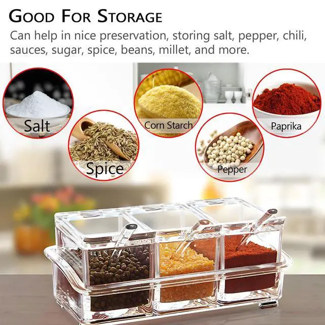 Alt view image 6 of 7 - Clear Seasoning Box, 3 Pieces Seasoning Rack Spice Pots Storage Container for Spice Salt Sugar Cruet Liquid,Condiment Jars with 3 Spoons