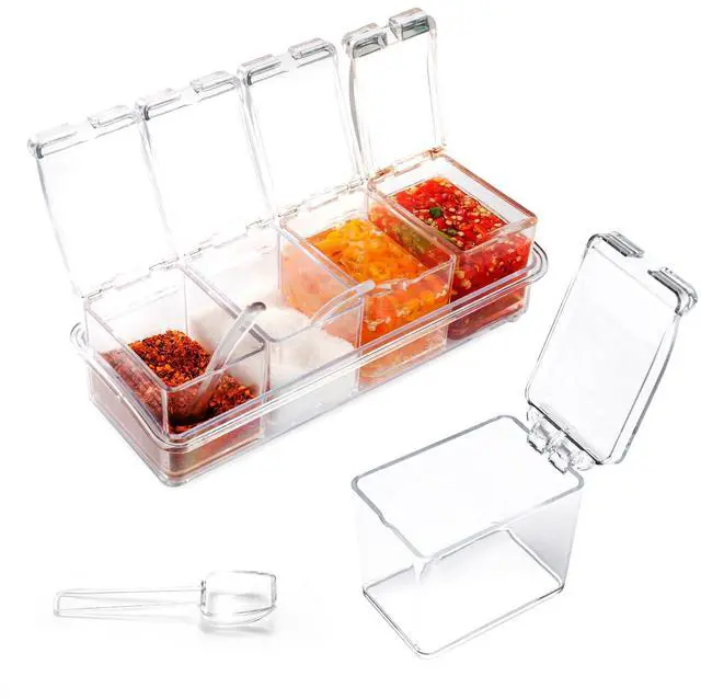 Main image of Clear Seasoning Box, 4 Piece Seasoning Rack Spice Pots, Plastic Storage Container Condiment Jars with Lids and Spoon, Storage Container Spice Jar for Salt Sugar Tea Herbal Coffee Beans