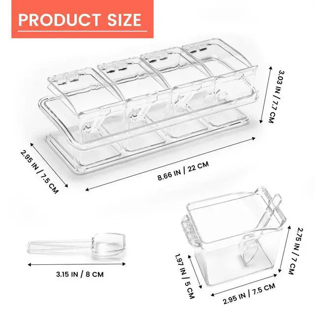 Alt view image 2 of 7 - Clear Seasoning Box, 4 Piece Seasoning Rack Spice Pots, Plastic Storage Container Condiment Jars with Lids and Spoon, Storage Container Spice Jar for Salt Sugar Tea Herbal Coffee Beans