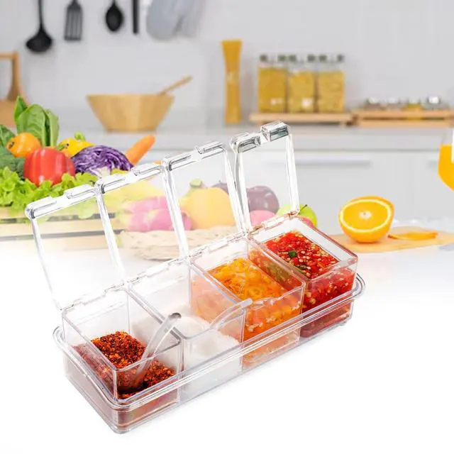 Alt view image 3 of 7 - Clear Seasoning Box, 4 Piece Seasoning Rack Spice Pots, Plastic Storage Container Condiment Jars with Lids and Spoon, Storage Container Spice Jar for Salt Sugar Tea Herbal Coffee Beans