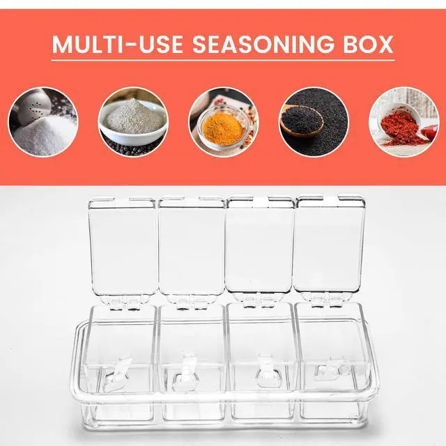 Alt view image 4 of 7 - Clear Seasoning Box, 4 Piece Seasoning Rack Spice Pots, Plastic Storage Container Condiment Jars with Lids and Spoon, Storage Container Spice Jar for Salt Sugar Tea Herbal Coffee Beans