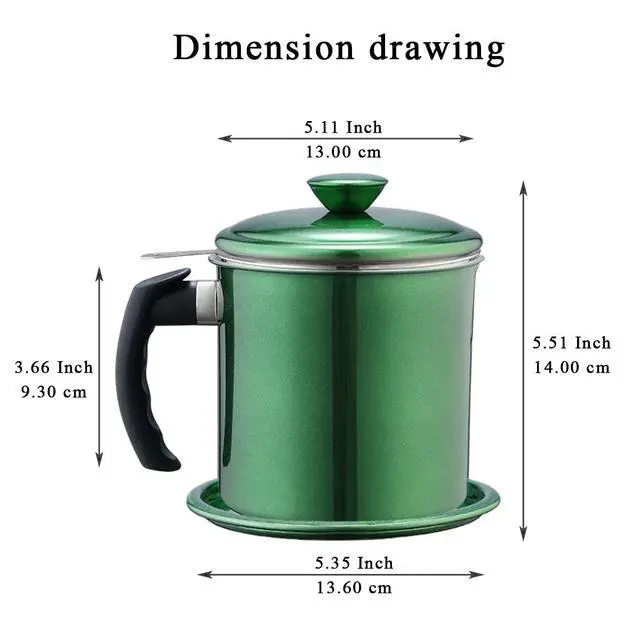 Alt view image 2 of 7 - Bacon Grease Container With Strainer, 48 oz Metal Shining Green Coating Oil Container, Pot Fat Storage With Lid, Easy Grip Handle Suitable For Storing Frying Oil And Cooking Grease