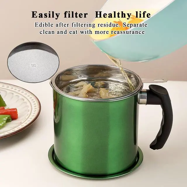 Alt view image 4 of 7 - Bacon Grease Container With Strainer, 48 oz Metal Shining Green Coating Oil Container, Pot Fat Storage With Lid, Easy Grip Handle Suitable For Storing Frying Oil And Cooking Grease