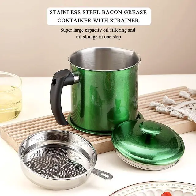 Alt view image 3 of 7 - Bacon Grease Container With Strainer, 48 oz Metal Shining Green Coating Oil Container, Pot Fat Storage With Lid, Easy Grip Handle Suitable For Storing Frying Oil And Cooking Grease