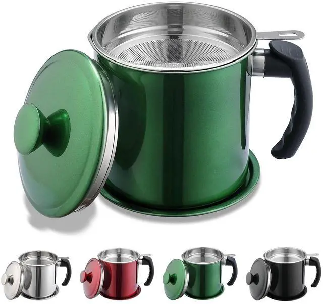 Main image of Bacon Grease Container With Strainer, 48 oz Metal Shining Green Coating Oil Container, Pot Fat Storage With Lid, Easy Grip Handle Suitable For Storing Frying Oil And Cooking Grease