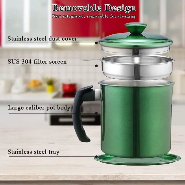 Alt view image 5 of 7 - Bacon Grease Container With Strainer, 48 oz Metal Shining Green Coating Oil Container, Pot Fat Storage With Lid, Easy Grip Handle Suitable For Storing Frying Oil And Cooking Grease