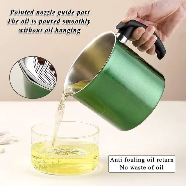 Alt view image 6 of 7 - Bacon Grease Container With Strainer, 48 oz Metal Shining Green Coating Oil Container, Pot Fat Storage With Lid, Easy Grip Handle Suitable For Storing Frying Oil And Cooking Grease