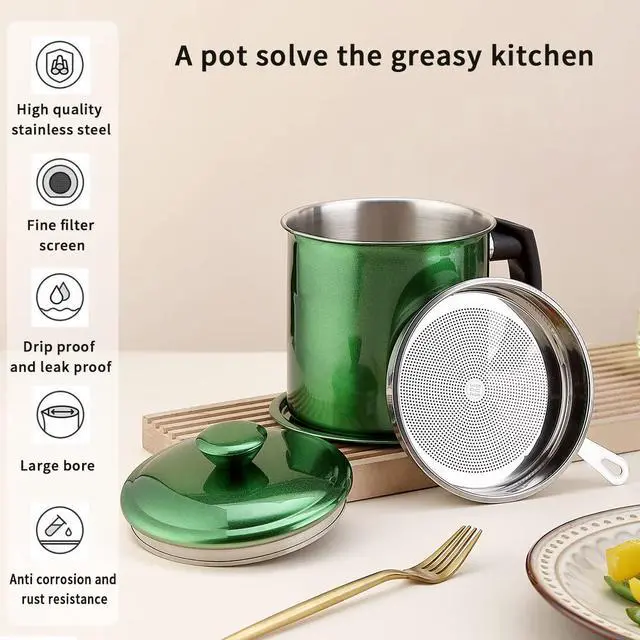 Alt view image 7 of 7 - Bacon Grease Container With Strainer, 48 oz Metal Shining Green Coating Oil Container, Pot Fat Storage With Lid, Easy Grip Handle Suitable For Storing Frying Oil And Cooking Grease