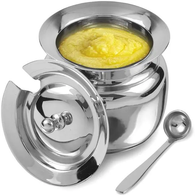 Main image of Stainless Steel Ghee Pot with Spoon and Lid | Ghee Container for Kitchen | Premium Oil Container with Lid for Pooja Items, 13 oz (400 ml)