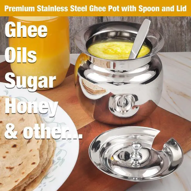 Alt view image 2 of 7 - Stainless Steel Ghee Pot with Spoon and Lid | Ghee Container for Kitchen | Premium Oil Container with Lid for Pooja Items, 13 oz (400 ml)