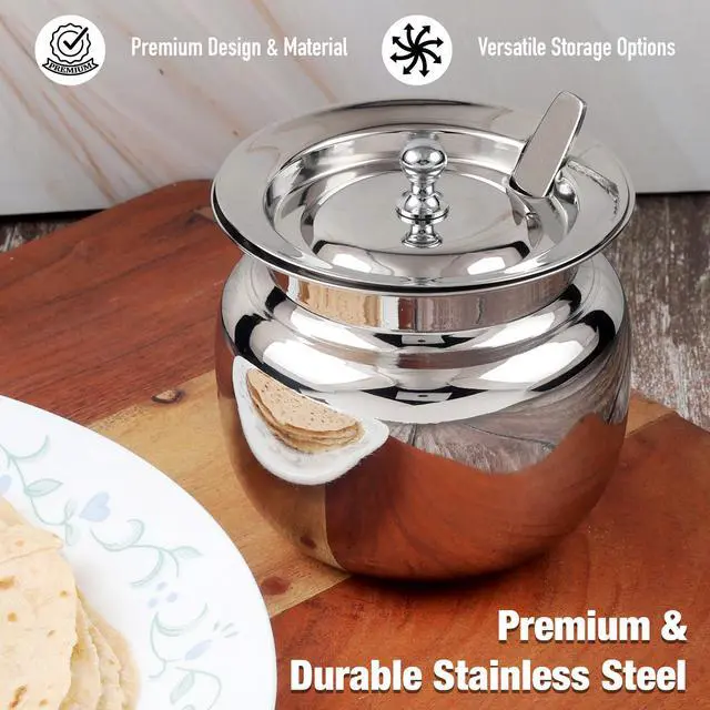 Alt view image 3 of 7 - Stainless Steel Ghee Pot with Spoon and Lid | Ghee Container for Kitchen | Premium Oil Container with Lid for Pooja Items, 13 oz (400 ml)
