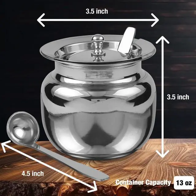 Alt view image 4 of 7 - Stainless Steel Ghee Pot with Spoon and Lid | Ghee Container for Kitchen | Premium Oil Container with Lid for Pooja Items, 13 oz (400 ml)