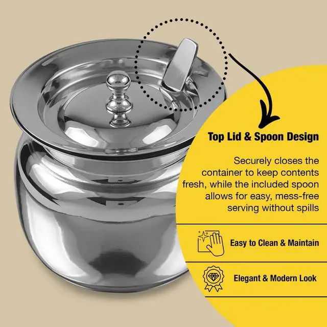 Alt view image 6 of 7 - Stainless Steel Ghee Pot with Spoon and Lid | Ghee Container for Kitchen | Premium Oil Container with Lid for Pooja Items, 13 oz (400 ml)