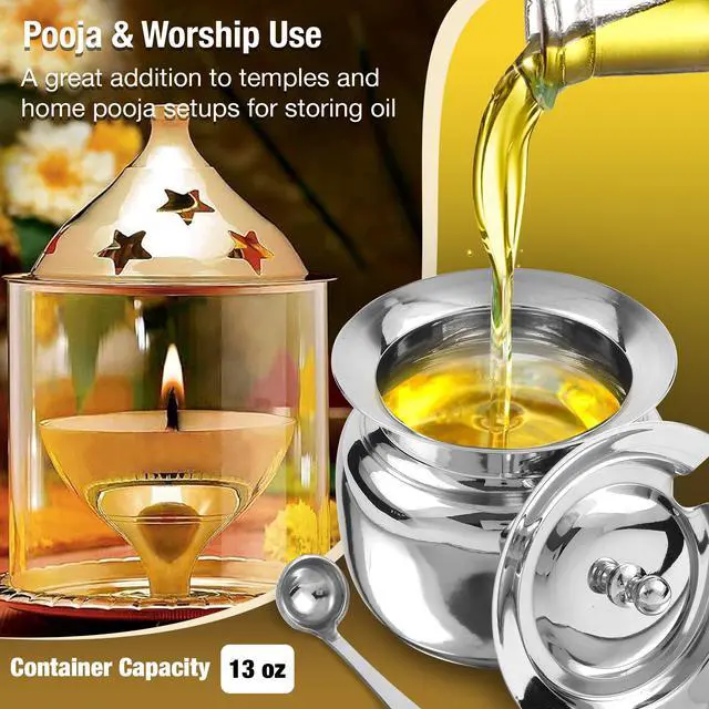 Alt view image 5 of 7 - Stainless Steel Ghee Pot with Spoon and Lid | Ghee Container for Kitchen | Premium Oil Container with Lid for Pooja Items, 13 oz (400 ml)