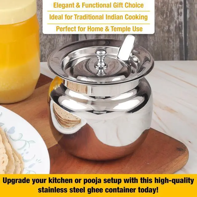 Alt view image 7 of 7 - Stainless Steel Ghee Pot with Spoon and Lid | Ghee Container for Kitchen | Premium Oil Container with Lid for Pooja Items, 13 oz (400 ml)