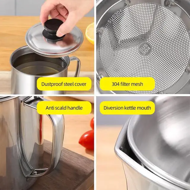 Alt view image 5 of 7 - Bacon Grease ContainerStainless steel storage container with fine mesh filterdust coverand easy to grip handlesuitable for storing fryingand cooking oil in the kitchen(1L/34oz)