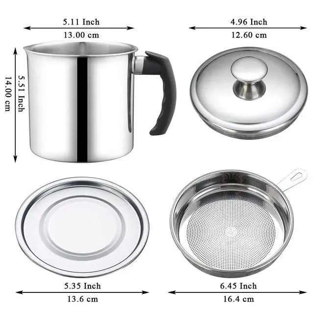 Alt view image 2 of 7 - Bacon Grease Container With Strainer 47oz/1.4L, Stainless Steel Oil Storage Container with Fine Mesh Strainer Dust-proof for Storing Frying Oil and Cooking Fat, Cooker Accessories