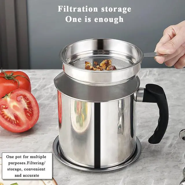 Alt view image 4 of 7 - Bacon Grease Container With Strainer 47oz/1.4L, Stainless Steel Oil Storage Container with Fine Mesh Strainer Dust-proof for Storing Frying Oil and Cooking Fat, Cooker Accessories