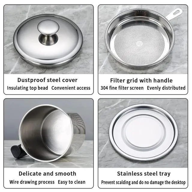 Alt view image 6 of 7 - Bacon Grease Container With Strainer 47oz/1.4L, Stainless Steel Oil Storage Container with Fine Mesh Strainer Dust-proof for Storing Frying Oil and Cooking Fat, Cooker Accessories