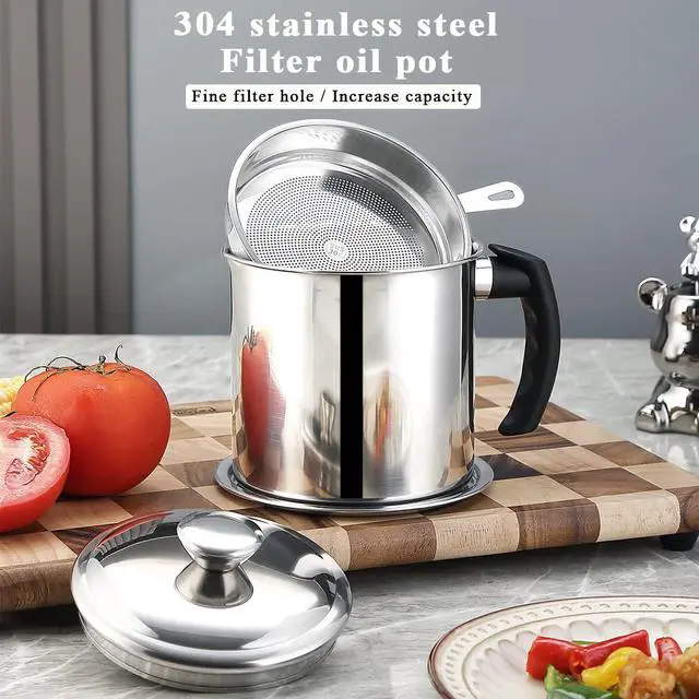 Alt view image 3 of 7 - Bacon Grease Container With Strainer 47oz/1.4L, Stainless Steel Oil Storage Container with Fine Mesh Strainer Dust-proof for Storing Frying Oil and Cooking Fat, Cooker Accessories