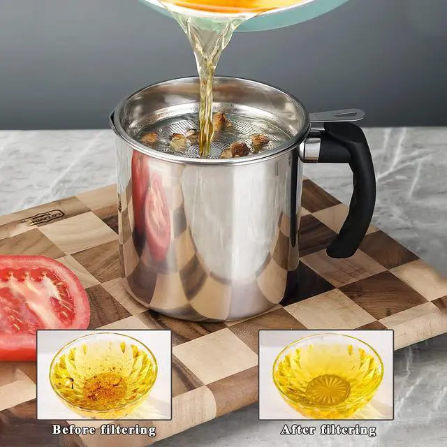Alt view image 7 of 7 - Bacon Grease Container With Strainer 47oz/1.4L, Stainless Steel Oil Storage Container with Fine Mesh Strainer Dust-proof for Storing Frying Oil and Cooking Fat, Cooker Accessories