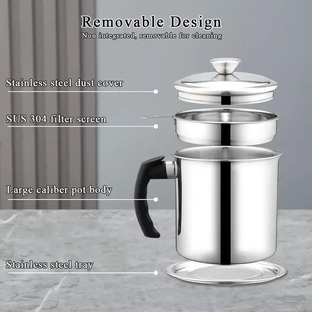 Alt view image 5 of 7 - Bacon Grease Container With Strainer 47oz/1.4L, Stainless Steel Oil Storage Container with Fine Mesh Strainer Dust-proof for Storing Frying Oil and Cooking Fat, Cooker Accessories