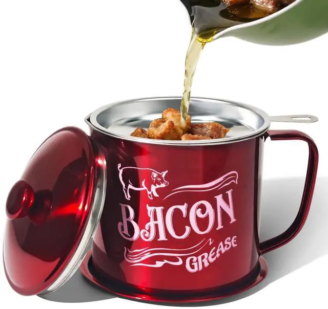 Main image of 1.3L Bacon Grease Saver Container with Fine Mesh Strainer,Stainless Steel Oil Keeper Can for Bacon,46oz Large Rustic Farmhouse Fat Container, Keeper, Recipes, Dishwasher Safe (Red)