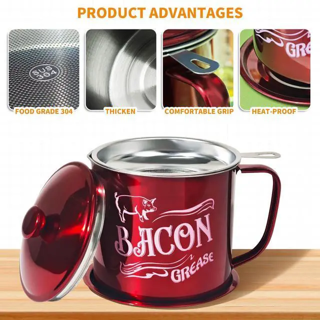 Alt view image 3 of 7 - 1.3L Bacon Grease Saver Container with Fine Mesh Strainer,Stainless Steel Oil Keeper Can for Bacon,46oz Large Rustic Farmhouse Fat Container, Keeper, Recipes, Dishwasher Safe (Red)