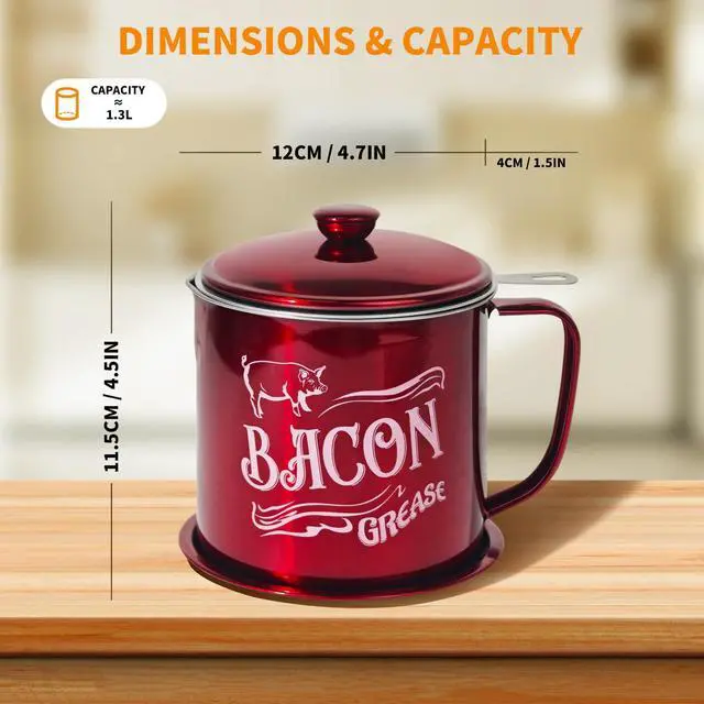 Alt view image 2 of 7 - 1.3L Bacon Grease Saver Container with Fine Mesh Strainer,Stainless Steel Oil Keeper Can for Bacon,46oz Large Rustic Farmhouse Fat Container, Keeper, Recipes, Dishwasher Safe (Red)