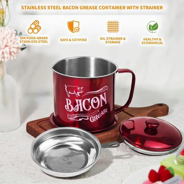 Alt view image 5 of 7 - 1.3L Bacon Grease Saver Container with Fine Mesh Strainer,Stainless Steel Oil Keeper Can for Bacon,46oz Large Rustic Farmhouse Fat Container, Keeper, Recipes, Dishwasher Safe (Red)