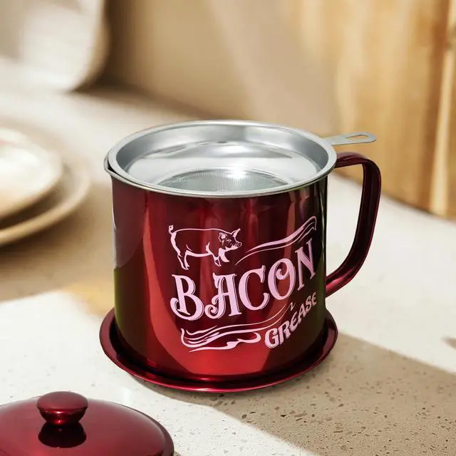 Alt view image 6 of 7 - 1.3L Bacon Grease Saver Container with Fine Mesh Strainer,Stainless Steel Oil Keeper Can for Bacon,46oz Large Rustic Farmhouse Fat Container, Keeper, Recipes, Dishwasher Safe (Red)