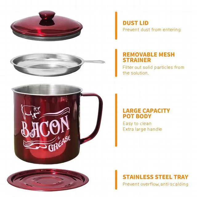 Alt view image 4 of 7 - 1.3L Bacon Grease Saver Container with Fine Mesh Strainer,Stainless Steel Oil Keeper Can for Bacon,46oz Large Rustic Farmhouse Fat Container, Keeper, Recipes, Dishwasher Safe (Red)