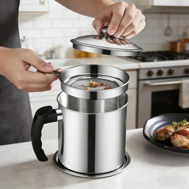 Alt view image 2 of 7 - Bacon Grease Container with Strainer for Kitchen, 43oz Stainless Steel Grease Saver Cooking Oil Keeper