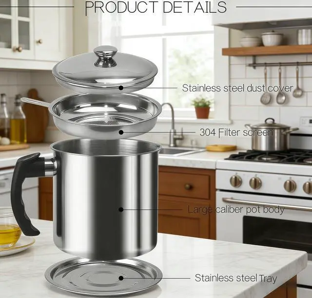 Alt view image 4 of 7 - Bacon Grease Container with Strainer for Kitchen, 43oz Stainless Steel Grease Saver Cooking Oil Keeper
