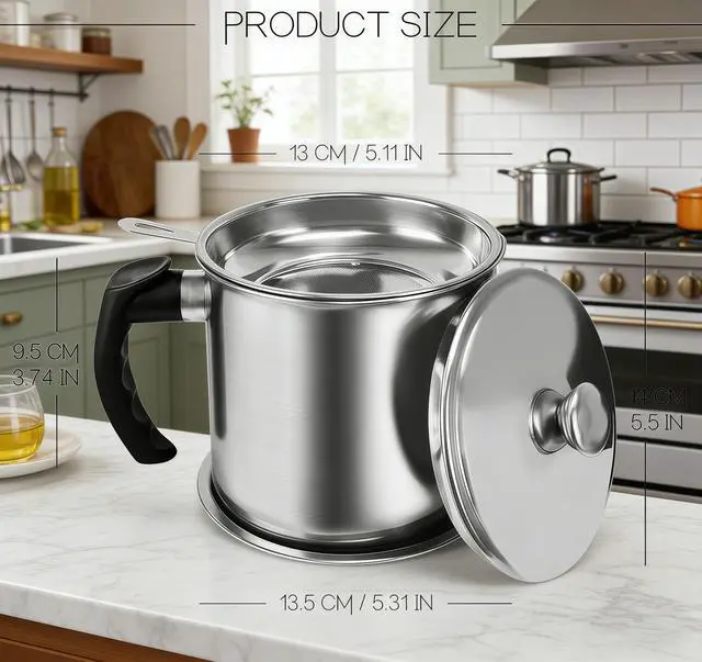 Alt view image 3 of 7 - Bacon Grease Container with Strainer for Kitchen, 43oz Stainless Steel Grease Saver Cooking Oil Keeper