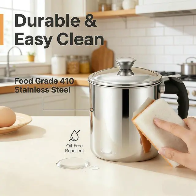 Alt view image 6 of 7 - Bacon Grease Container with Strainer for Kitchen, 43oz Stainless Steel Grease Saver Cooking Oil Keeper