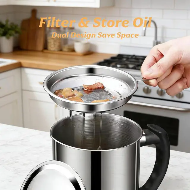 Alt view image 5 of 7 - Bacon Grease Container with Strainer for Kitchen, 43oz Stainless Steel Grease Saver Cooking Oil Keeper