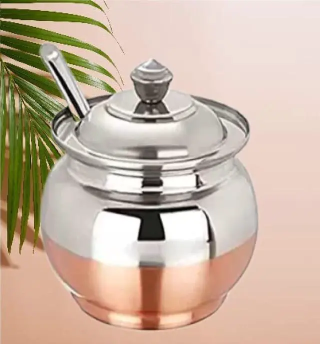 Alt view image 2 of 7 - Copper Coated Stainless Steel Ghee Pot with Spoon | Ghee Container for Kitchen | Premium Oil Container with Lid for Pooja Items, 200 ML