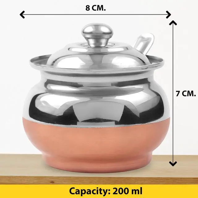 Alt view image 3 of 7 - Copper Coated Stainless Steel Ghee Pot with Spoon | Ghee Container for Kitchen | Premium Oil Container with Lid for Pooja Items, 200 ML