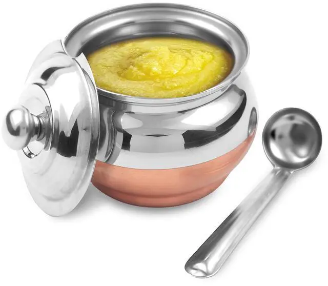 Main image of Copper Coated Stainless Steel Ghee Pot with Spoon | Ghee Container for Kitchen | Premium Oil Container with Lid for Pooja Items, 200 ML