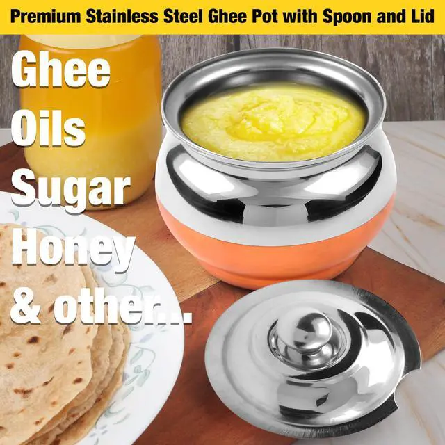 Alt view image 5 of 7 - Copper Coated Stainless Steel Ghee Pot with Spoon | Ghee Container for Kitchen | Premium Oil Container with Lid for Pooja Items, 200 ML