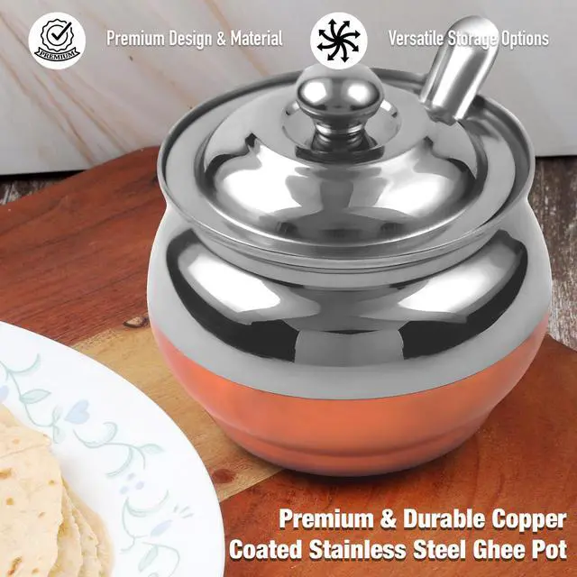Alt view image 6 of 7 - Copper Coated Stainless Steel Ghee Pot with Spoon | Ghee Container for Kitchen | Premium Oil Container with Lid for Pooja Items, 200 ML
