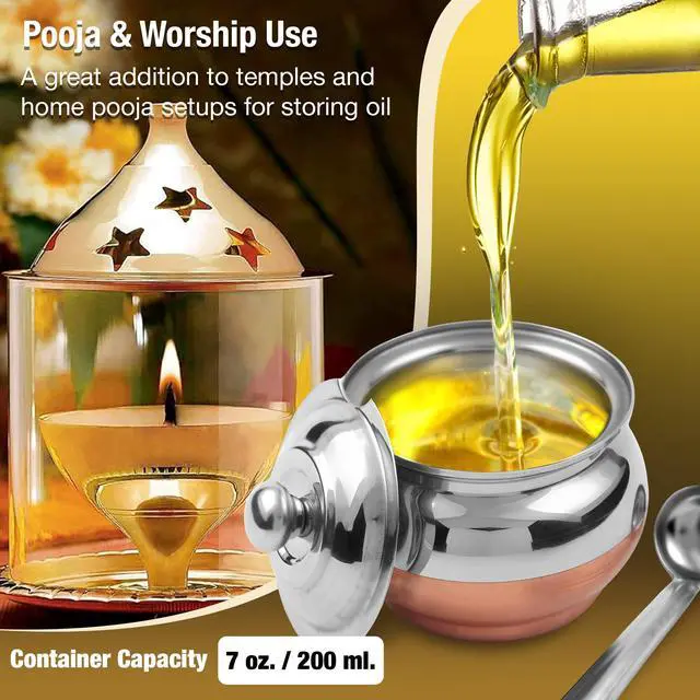 Alt view image 7 of 7 - Copper Coated Stainless Steel Ghee Pot with Spoon | Ghee Container for Kitchen | Premium Oil Container with Lid for Pooja Items, 200 ML
