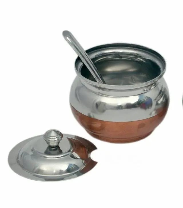 Alt view image 4 of 7 - Copper Coated Stainless Steel Ghee Pot with Spoon | Ghee Container for Kitchen | Premium Oil Container with Lid for Pooja Items, 200 ML