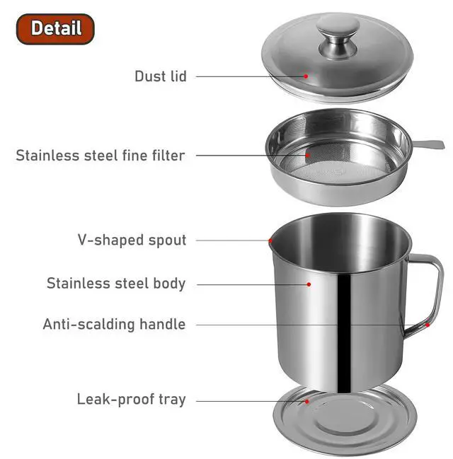 Alt view image 3 of 7 - Bacon Grease Container with Strainer 60 oz Kitchen Frying Cooking Oil Saver