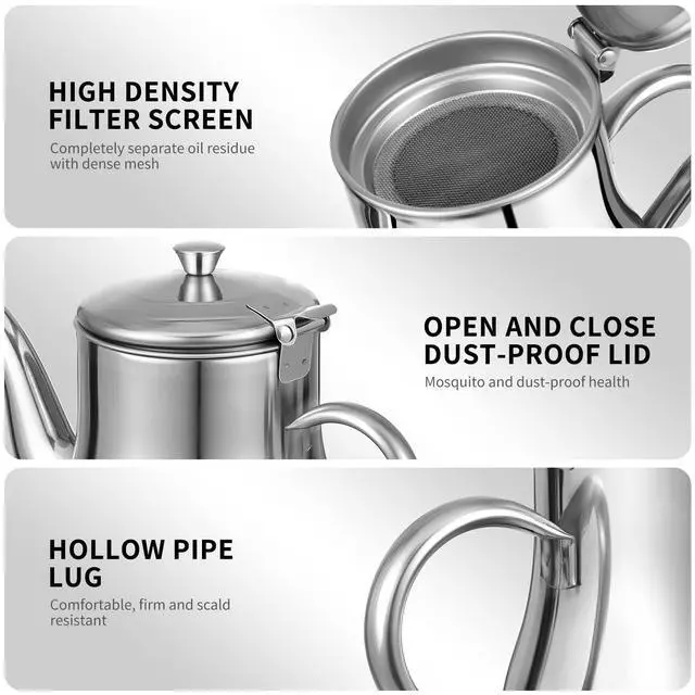 Alt view image 4 of 7 - 304 Stainless Steel Oil Filter Pot Oil Container with Strainer and Lid 4.25 X 2.87 X 2.71 in Grease Keeper for Kitchen Storage Straining and Pouring