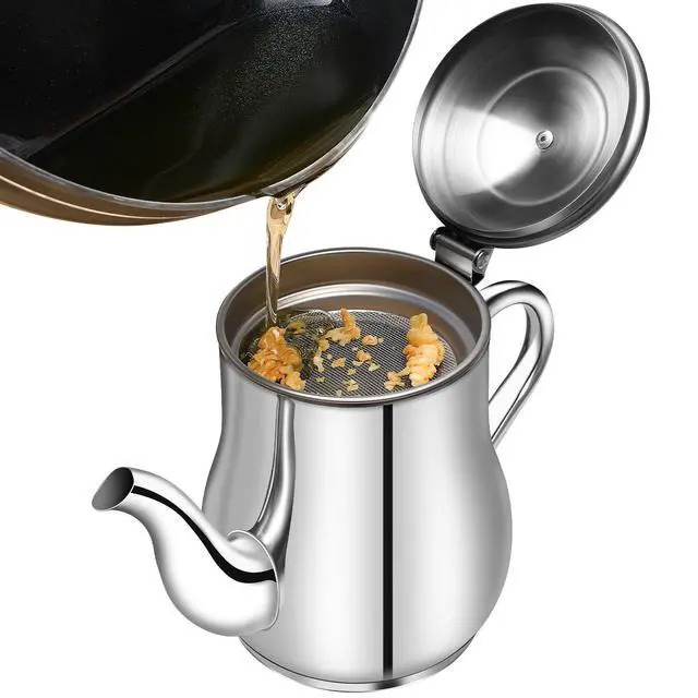 Alt view image 6 of 7 - 304 Stainless Steel Oil Filter Pot Oil Container with Strainer and Lid 4.25 X 2.87 X 2.71 in Grease Keeper for Kitchen Storage Straining and Pouring