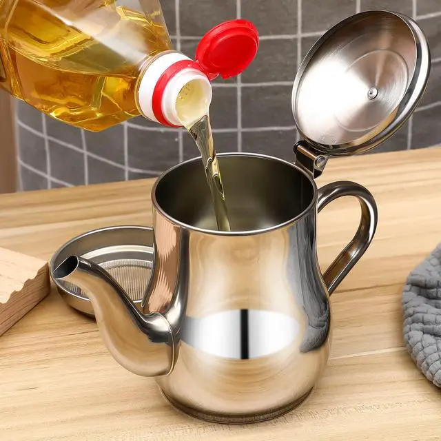 Alt view image 7 of 7 - 304 Stainless Steel Oil Filter Pot Oil Container with Strainer and Lid 4.25 X 2.87 X 2.71 in Grease Keeper for Kitchen Storage Straining and Pouring